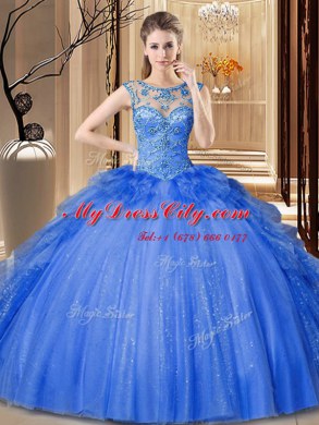 Scoop Ruffles Quinceanera Gown Blue Lace Up Sleeveless Floor Length