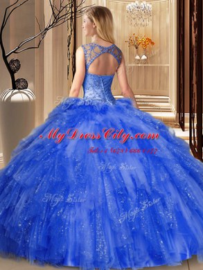 Scoop Ruffles Quinceanera Gown Blue Lace Up Sleeveless Floor Length