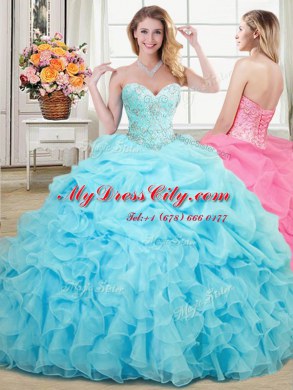 Pick Ups Ball Gowns Ball Gown Prom Dress Aqua Blue Sweetheart Organza Sleeveless Floor Length Lace Up