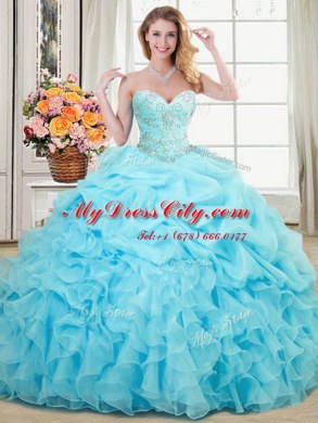 Pick Ups Ball Gowns Ball Gown Prom Dress Aqua Blue Sweetheart Organza Sleeveless Floor Length Lace Up