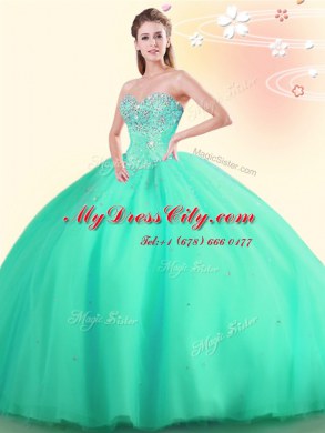 Popular Apple Green Lace Up Sweetheart Beading Ball Gown Prom Dress Tulle Sleeveless