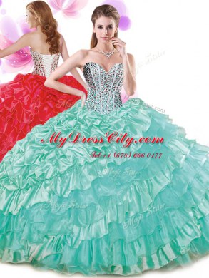 Best Selling Pick Ups Ruffled Sweetheart Sleeveless Lace Up Quinceanera Gowns Turquoise Organza and Taffeta