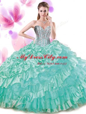 Best Selling Pick Ups Ruffled Sweetheart Sleeveless Lace Up Quinceanera Gowns Turquoise Organza and Taffeta