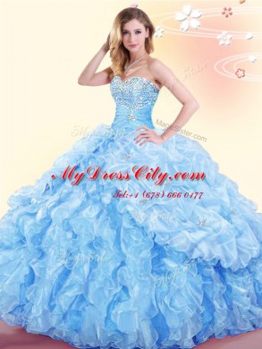 Unique Organza Sweetheart Sleeveless Lace Up Beading and Ruffles and Pick Ups 15 Quinceanera Dress in Baby Blue