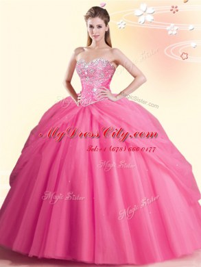 Watermelon Red Ball Gowns Sweetheart Sleeveless Tulle Floor Length Lace Up Beading 15 Quinceanera Dress