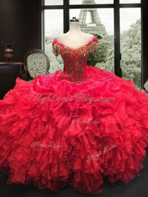Fashion Ball Gowns Quinceanera Dresses Red Sweetheart Organza Cap Sleeves Floor Length Lace Up