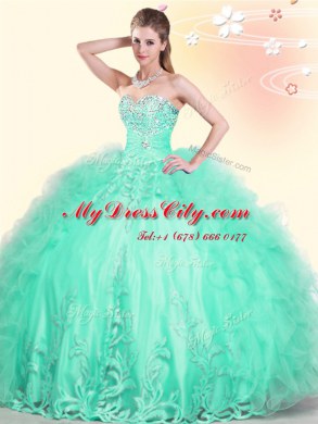 Popular Sweetheart Sleeveless Tulle Sweet 16 Quinceanera Dress Beading and Appliques and Ruffles Lace Up
