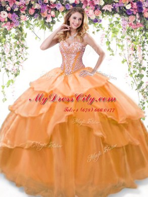 Trendy Orange Ball Gowns Organza Sweetheart Sleeveless Beading and Ruffled Layers Floor Length Lace Up Quinceanera Gowns