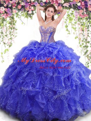 Blue Sleeveless Floor Length Beading and Ruffles Lace Up 15th Birthday Dress