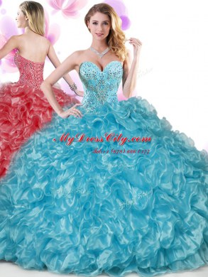 Superior Blue Lace Up Sweetheart Beading and Ruffles Quinceanera Gown Organza Sleeveless