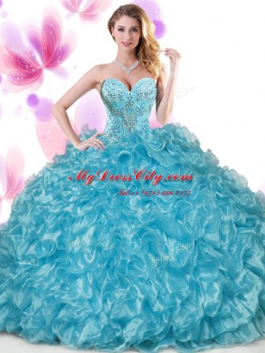 Superior Blue Lace Up Sweetheart Beading and Ruffles Quinceanera Gown Organza Sleeveless