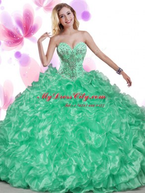 Superior Blue Lace Up Sweetheart Beading and Ruffles Quinceanera Gown Organza Sleeveless