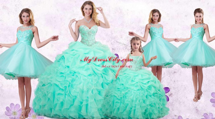 Flirting Organza Sweetheart Sleeveless Lace Up Beading and Ruffles and Pick Ups Quinceanera Dress in Apple Green