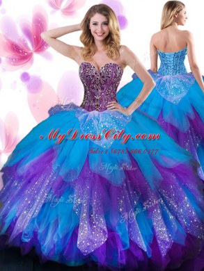 Beading and Ruffled Layers Vestidos de Quinceanera Multi-color Lace Up Sleeveless Floor Length