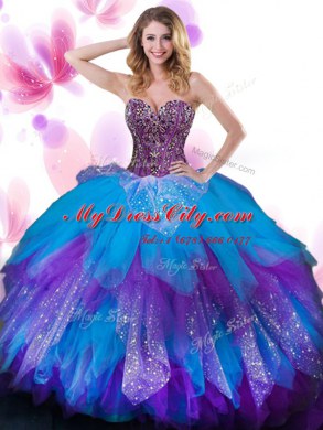 Beading and Ruffled Layers Vestidos de Quinceanera Multi-color Lace Up Sleeveless Floor Length