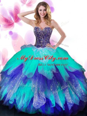 Beading and Ruffled Layers Vestidos de Quinceanera Multi-color Lace Up Sleeveless Floor Length