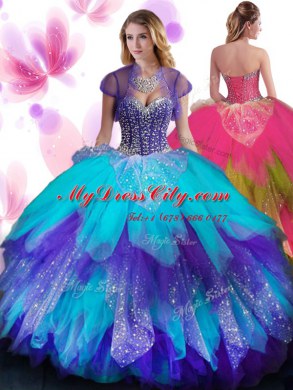Floor Length Multi-color Vestidos de Quinceanera Tulle Sleeveless Beading and Ruffled Layers