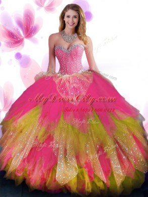 Floor Length Multi-color Vestidos de Quinceanera Tulle Sleeveless Beading and Ruffled Layers