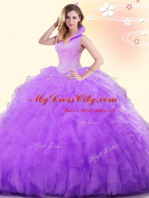 Lavender Backless High-neck Beading and Ruffles Sweet 16 Dress Tulle Sleeveless