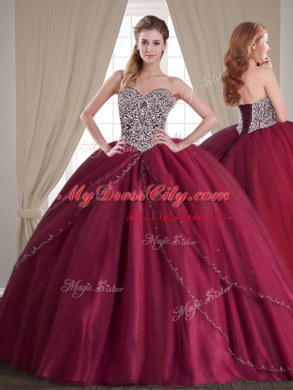 Discount Burgundy Tulle Lace Up Quinceanera Gown Sleeveless With Brush Train Beading