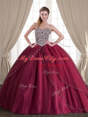 Discount Burgundy Tulle Lace Up Quinceanera Gown Sleeveless With Brush Train Beading