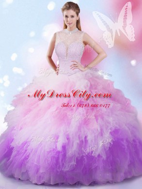 Eye-catching High-neck Sleeveless Quinceanera Gown Floor Length Beading and Ruffles Multi-color Tulle