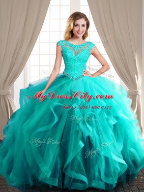 Best Selling Scoop Cap Sleeves With Train Beading and Appliques and Ruffles Lace Up Sweet 16 Quinceanera Dress with Turquoise Brush Train