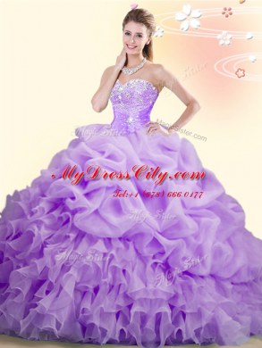 Pretty Sleeveless Organza With Brush Train Lace Up Quinceanera Dresses in Lilac with Beading and Ruffles and Pick Ups