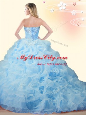 Pretty Sleeveless Organza With Brush Train Lace Up Quinceanera Dresses in Lilac with Beading and Ruffles and Pick Ups