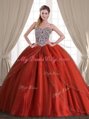 Sweetheart Sleeveless Quinceanera Dresses With Brush Train Beading Rust Red Tulle