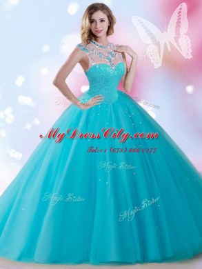 Sexy Sequins Floor Length Aqua Blue Quinceanera Gowns High-neck Sleeveless Zipper