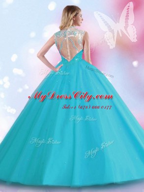 Sexy Sequins Floor Length Aqua Blue Quinceanera Gowns High-neck Sleeveless Zipper