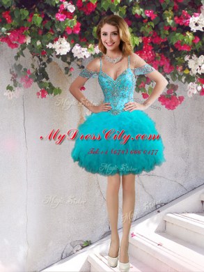 Off The Shoulder Sleeveless Tulle Prom Party Dress Beading and Ruffles Lace Up
