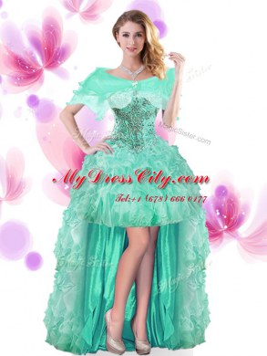 Exquisite Sleeveless Organza High Low Lace Up Celebrity Dress in Turquoise with Beading and Ruffles
