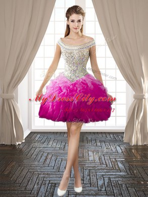 Lovely Off the Shoulder Backless Organza Sleeveless Mini Length Prom Party Dress and Beading and Ruffles