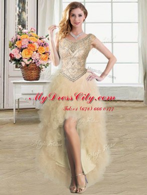 Suitable Scoop High Low Lace Up Evening Dress Champagne for Prom and Party with Ruffles