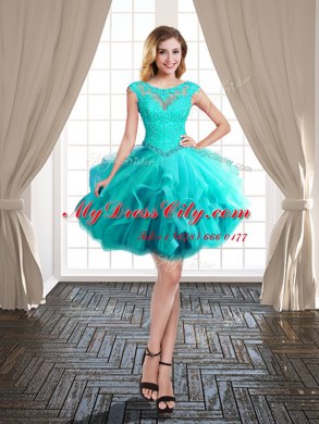 Latest Turquoise Tulle Lace Up Scoop Cap Sleeves Mini Length Prom Party Dress Beading and Ruffles
