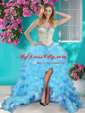 Edgy Organza Sweetheart Sleeveless Lace Up Beading and Ruffles Pageant Dress Womens in Baby Blue