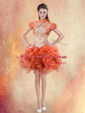 Straps Orange Red Ball Gowns Beading and Ruffles Prom Evening Gown Lace Up Organza Sleeveless Mini Length