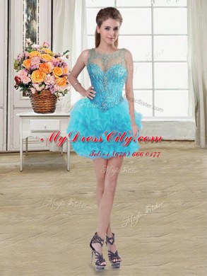 Scoop Baby Blue Sleeveless Tulle Lace Up Prom Dresses for Prom and Party
