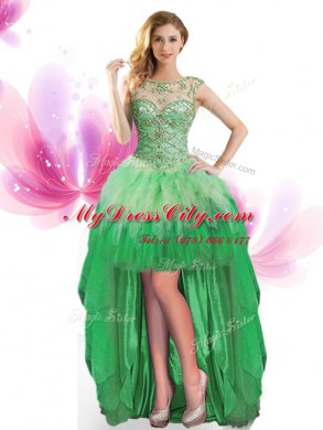Green Ball Gowns Scoop Sleeveless Tulle High Low Lace Up Beading and Ruffles Dress for Prom