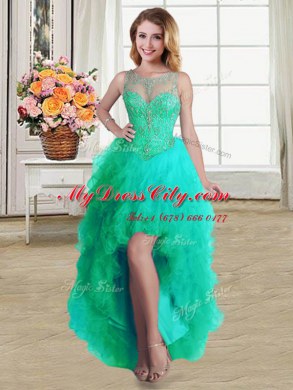 Elegant Scoop Turquoise Sleeveless Beading and Ruffles High Low