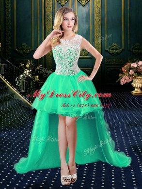 Superior Scoop Lace Homecoming Dress Turquoise Zipper Sleeveless High Low