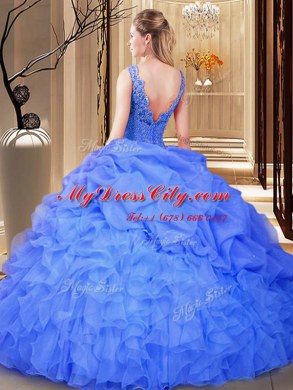 Lace and Appliques and Ruffles and Pick Ups Quinceanera Dresses Blue Backless Sleeveless Floor Length