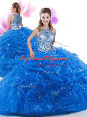 Shining Sleeveless Organza Court Train Zipper Vestidos de Quinceanera in Royal Blue with Ruffles