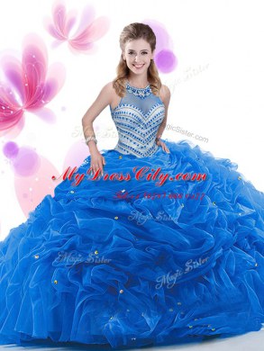 Shining Sleeveless Organza Court Train Zipper Vestidos de Quinceanera in Royal Blue with Ruffles