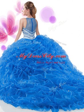 Shining Sleeveless Organza Court Train Zipper Vestidos de Quinceanera in Royal Blue with Ruffles