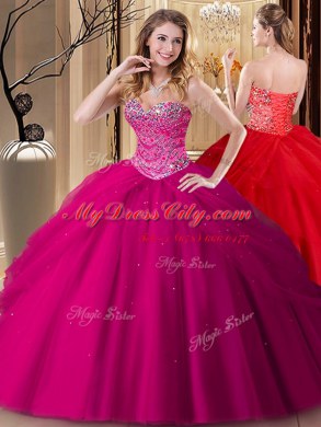 Floor Length Fuchsia 15th Birthday Dress Tulle Sleeveless Beading