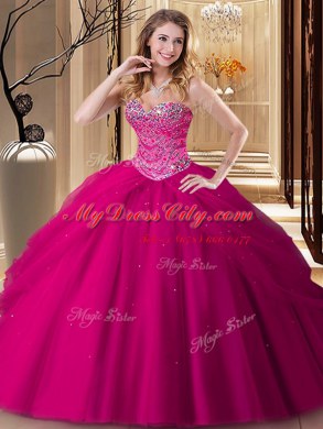 Floor Length Fuchsia 15th Birthday Dress Tulle Sleeveless Beading