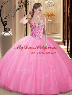 Best Sleeveless Floor Length Embroidery Lace Up Sweet 16 Dress with Rose Pink